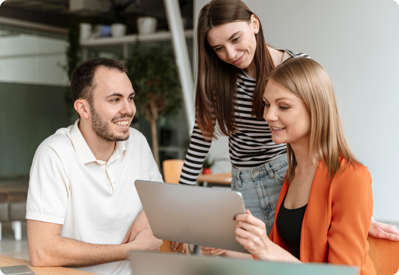 A broker presenting insurance options to people.