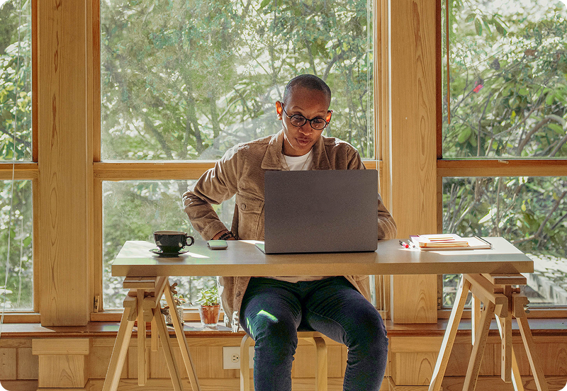 Person working at their desk, at home on a laptop. 