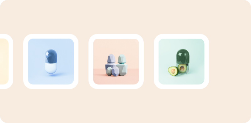 Series of stylized 3D objects on pastel backgrounds: a blue-and-white capsule on light blue, geometric rock-like shapes on peach, and a green capsule resembling an avocado next to a sliced avocado, all framed in white rounded squares.