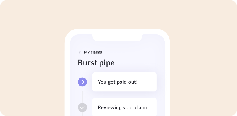 Mobile interface showing a home insurance claim labeled “Burst pipe” with status updates, including “You got paid out!”