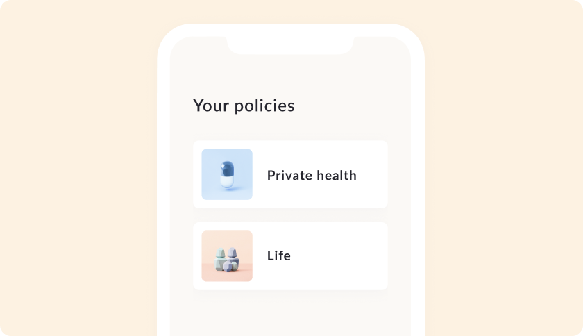 Feather app screen showing the list of policies, featuring private health and life insurance.