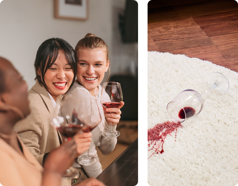 Left: Three women smiling and toasting with red wine. Right: A spilled wine glass on a white carpet with a red stain.