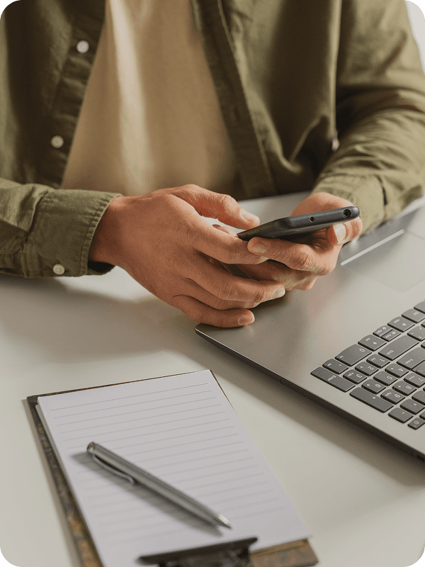 Theo Leimer verifying information on his phone