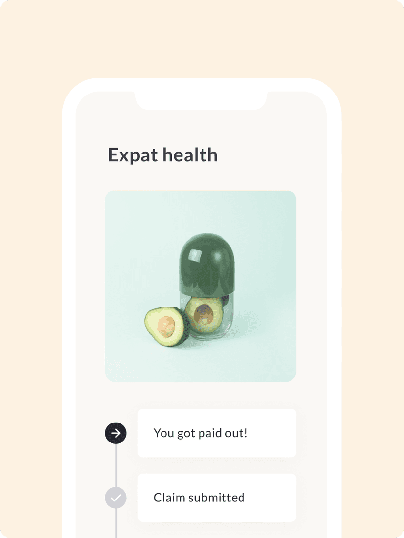 Feather app screen showing the expat health insurance page and a claim timeline. The tags read "Claim submitted" and "You got paid out!".