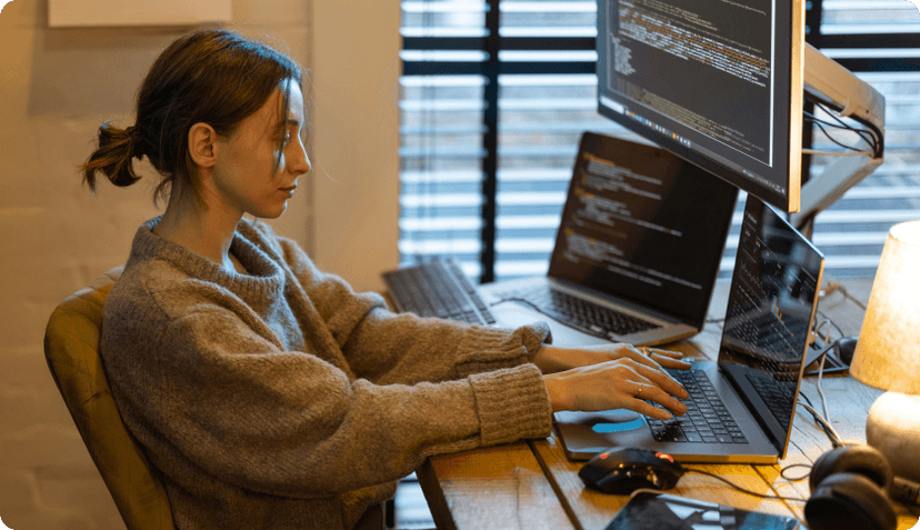 An IT freelancer working at her desk in front of 2 laptops and a screen showing lines of code.