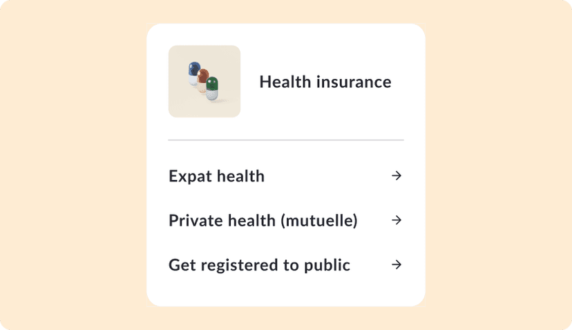 An UI element listing health insurance products for expats in France incl. Expat health, Private health (mutuelle) and Public health