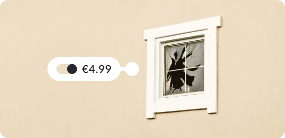 Window with a broken glass. The tag reads "€4.99" with a  turned on add-on function.
