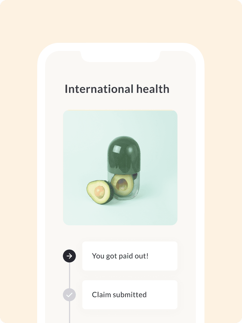 Feather app screen showing the international health product page and a claim timeline. The tags read "Claim submitted" and "You got paid out!".