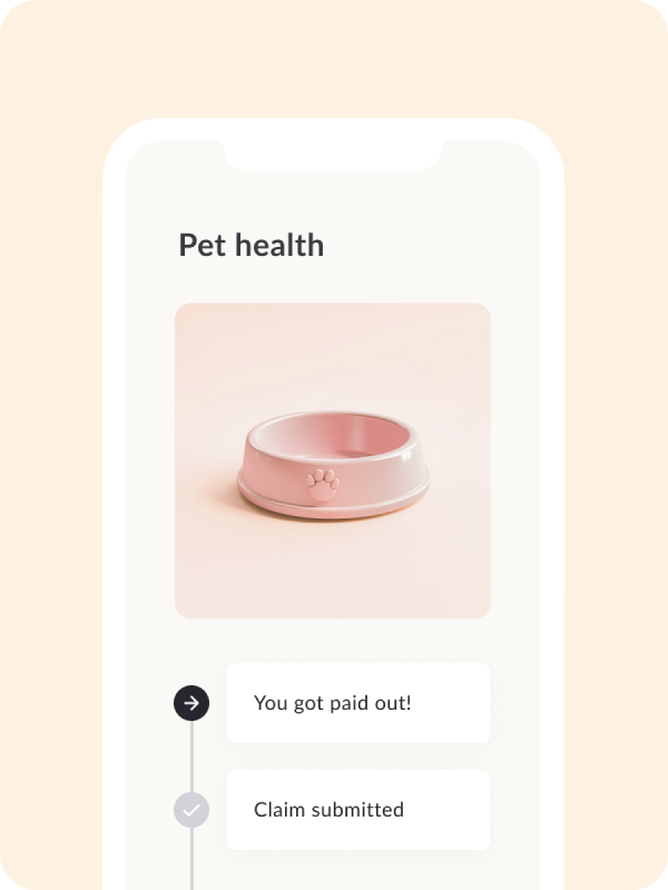 Feather app screen showing the pet health product page and a claim timeline. The tags read "Claim submitted" and "You got paid out!".