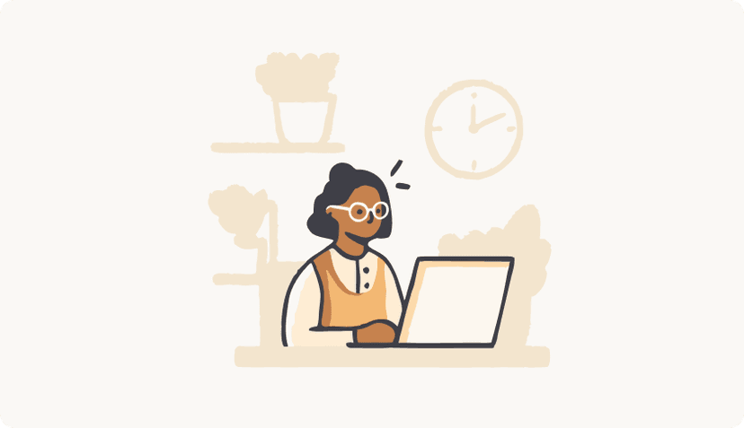 An illustration of a woman working on her computer and trying to meet a deadline.