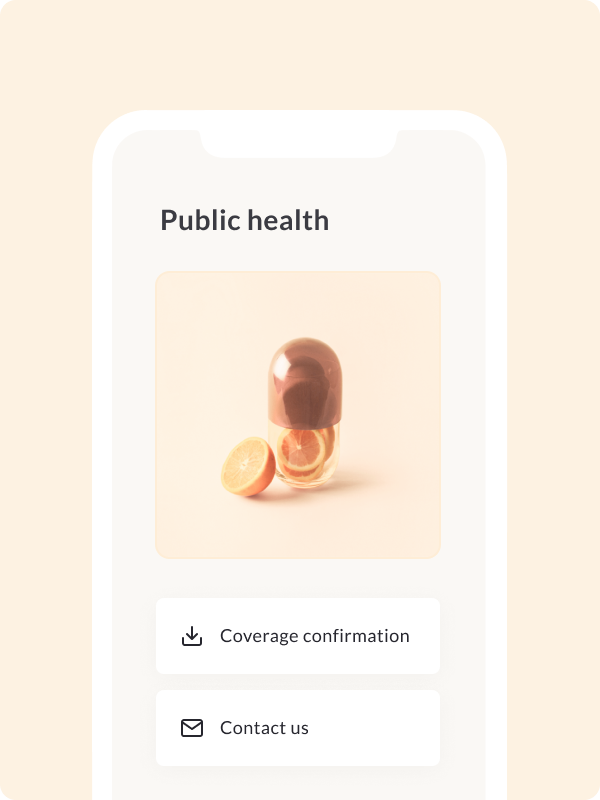 Feather app screen showing the public health product page with two buttons: coverage confirmation download and contact us. button.
