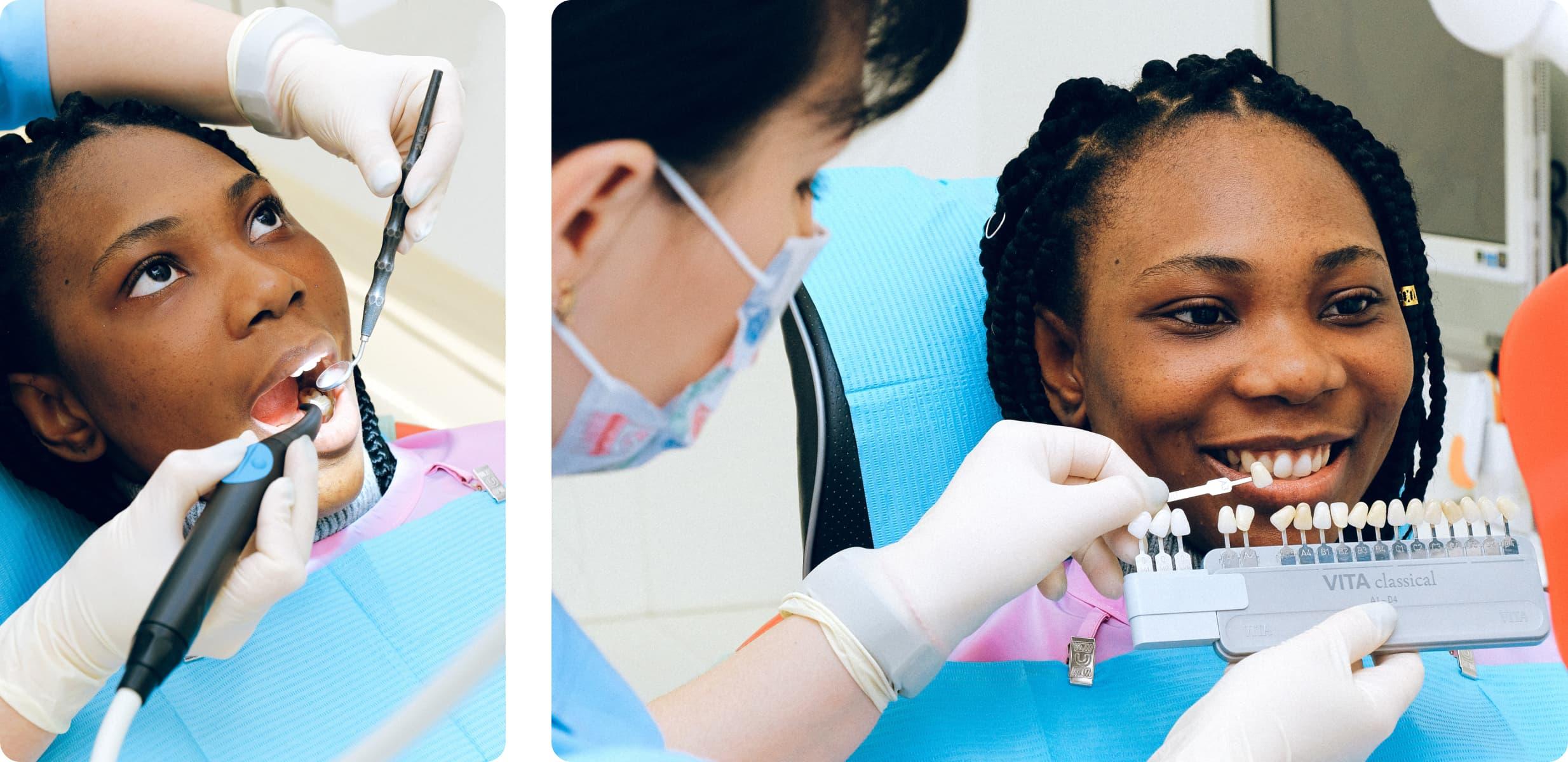 Two images. The first of the woman getting her teeth checked and the second of a color match to her teeth for her implant