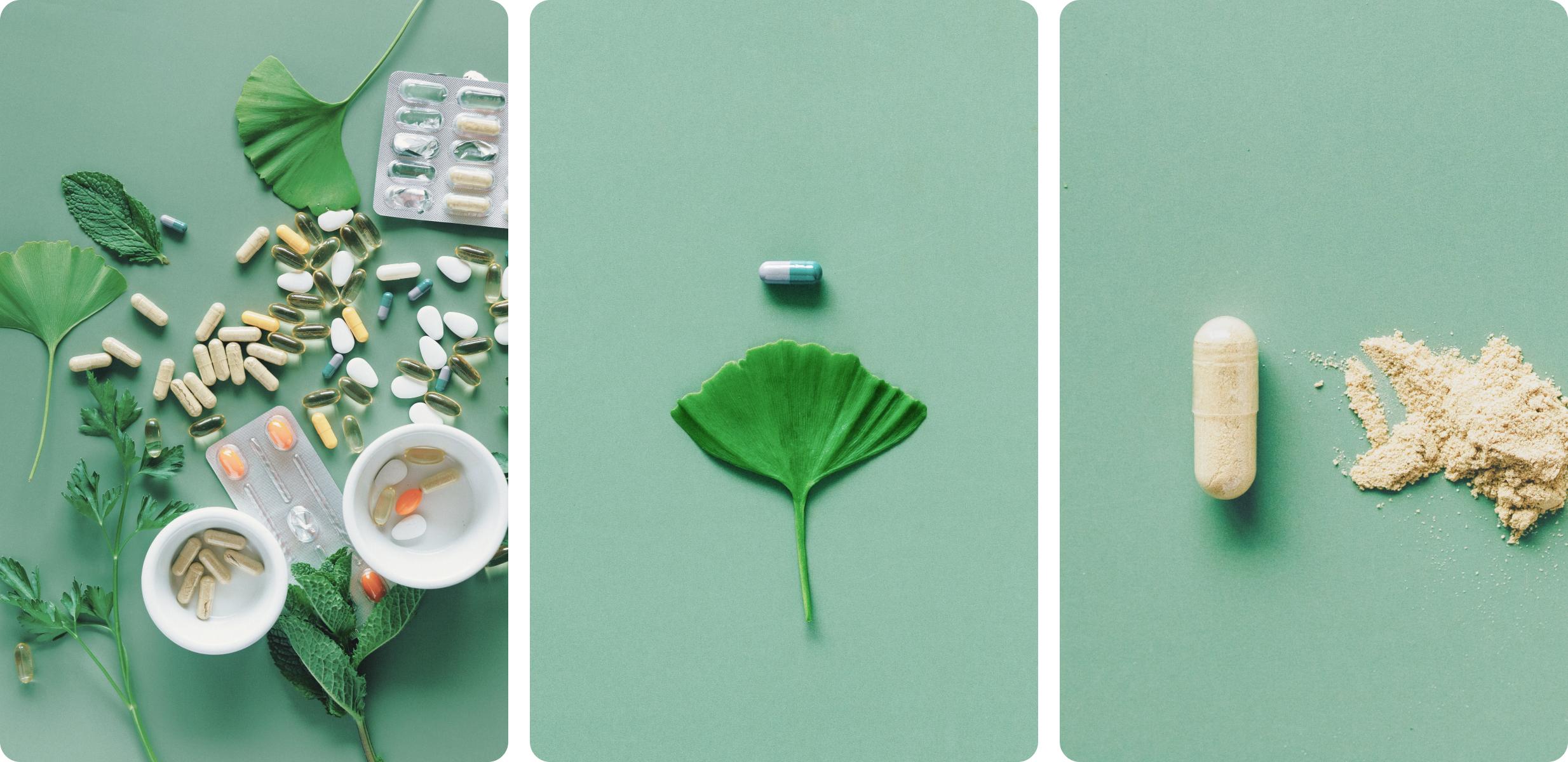 Three images representing supplements with a mix of herbal plants