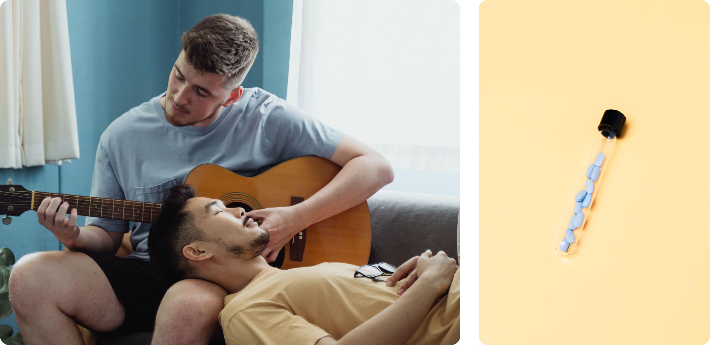 Two images. The first of a man playing a guitar to another man and the other of a bottle of prep pills